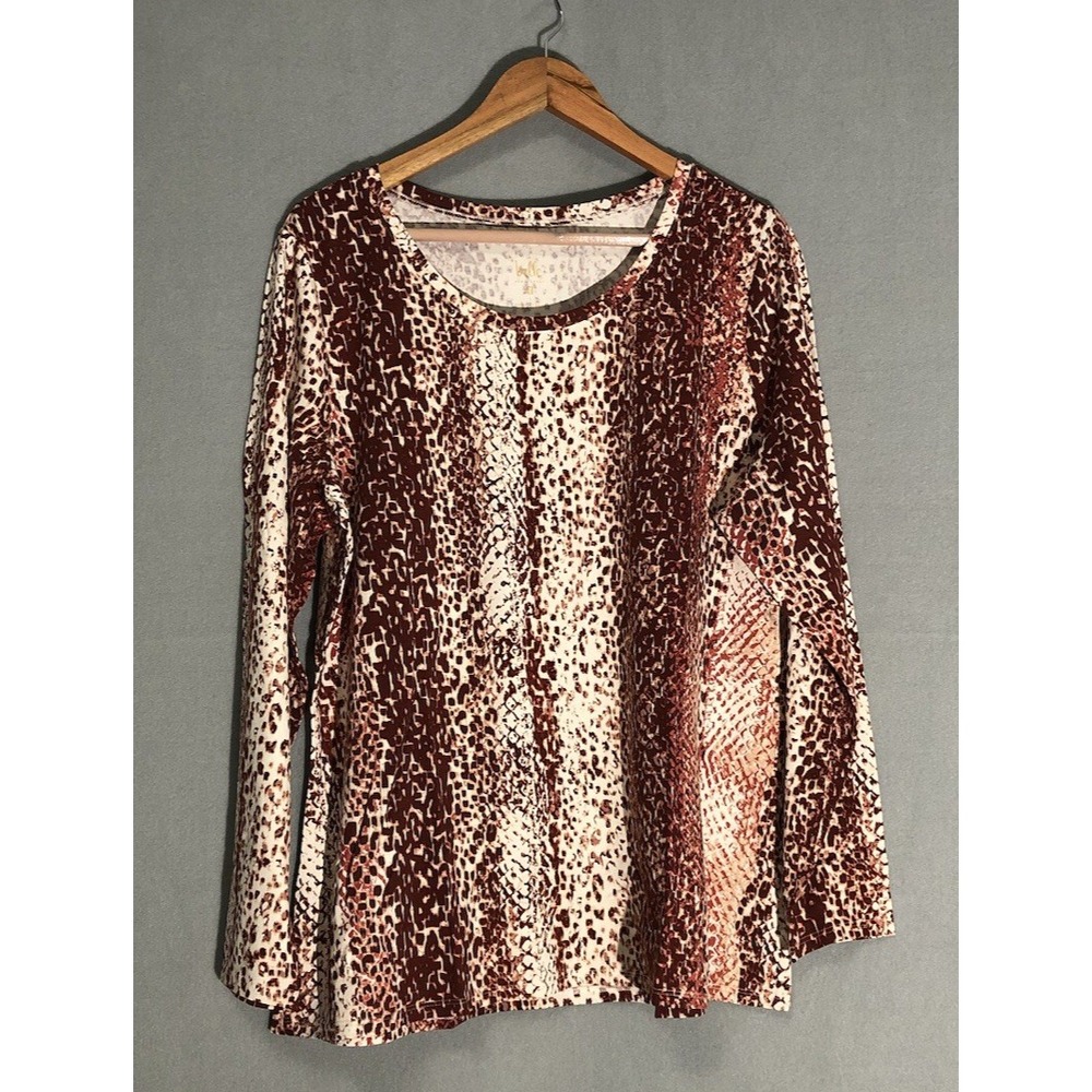 Belle by Kim Gravel Fired Brick Triple Luxe Knit Modern Snake Print Top Sz L NEW